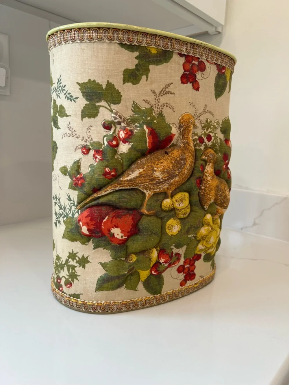 Vintage 1970s JL Clark Padded Fabric Watebasket- Birds & Floral Cottagecore